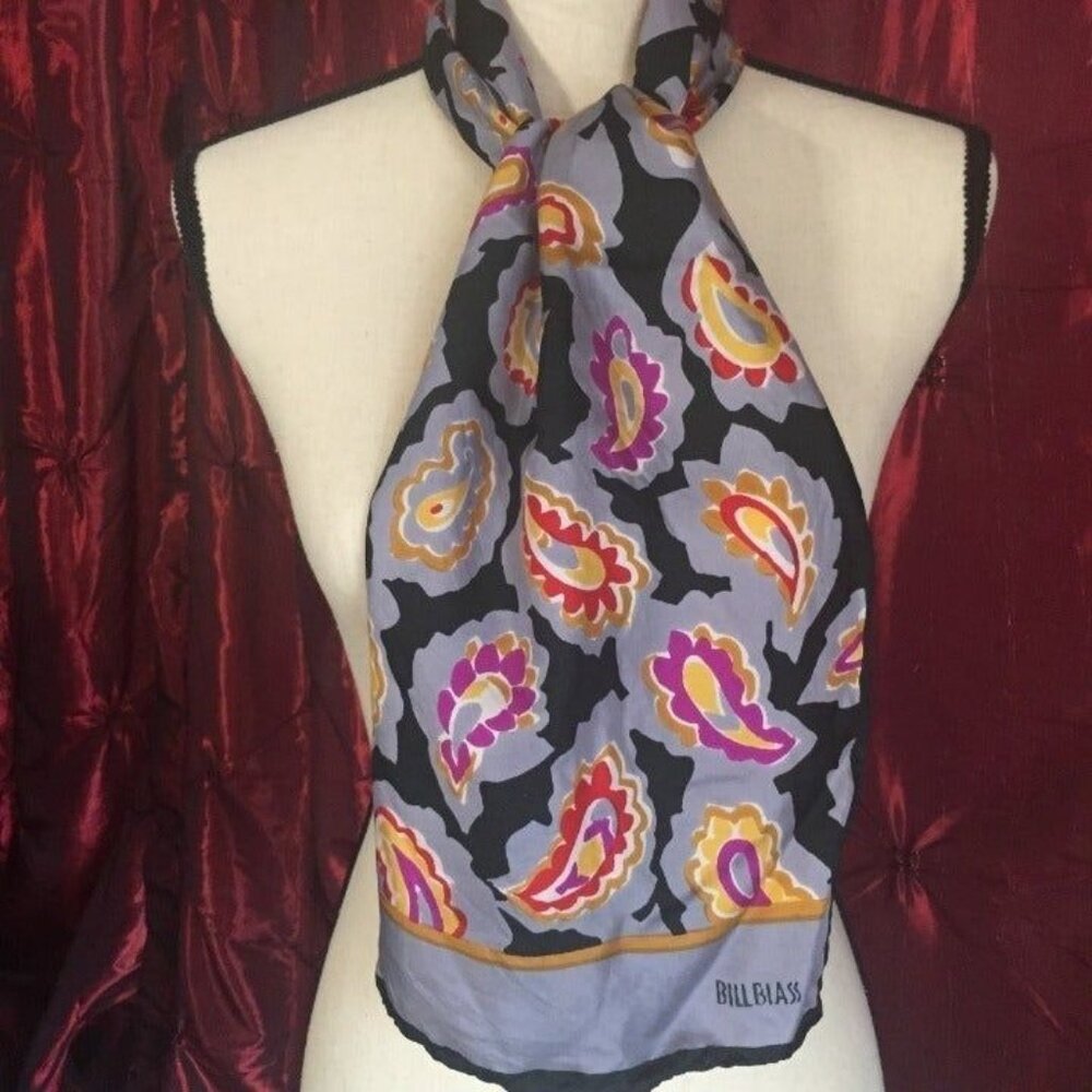 Vintage Bill Blass Womens Paisley Floral Print Silk Scarf 80s Fashion Accessory
